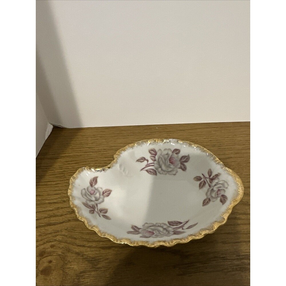 VTG Beautifully Decorated Gray And Pink Rose Vanity Trinket Dish Gold Trim